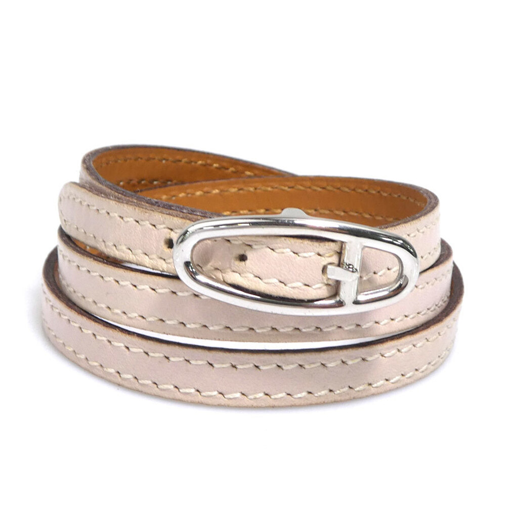 HERMES Silver Leather Charm Bracelet